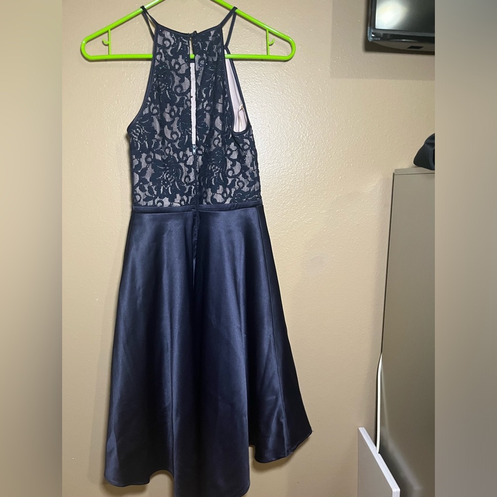 Blue dress with satin bottom, sleek silhouette, stylish, good condition.